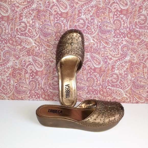 *Tribeca Check Point bronze leather wedges 8M - Picture 1 of 8